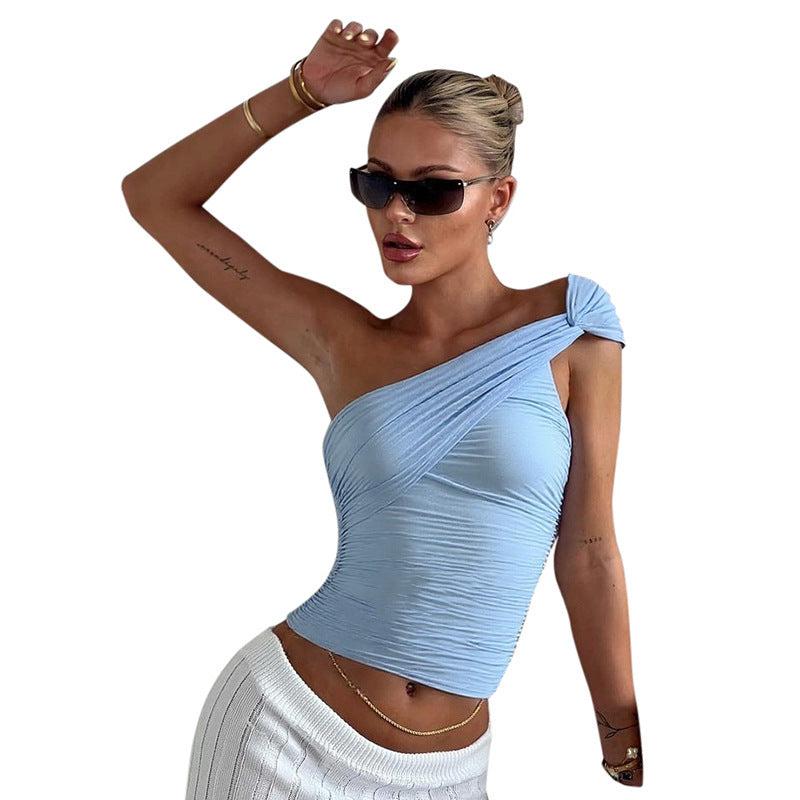 Solid Color Shoulder Tie Mesh Vest T-shirt For Women