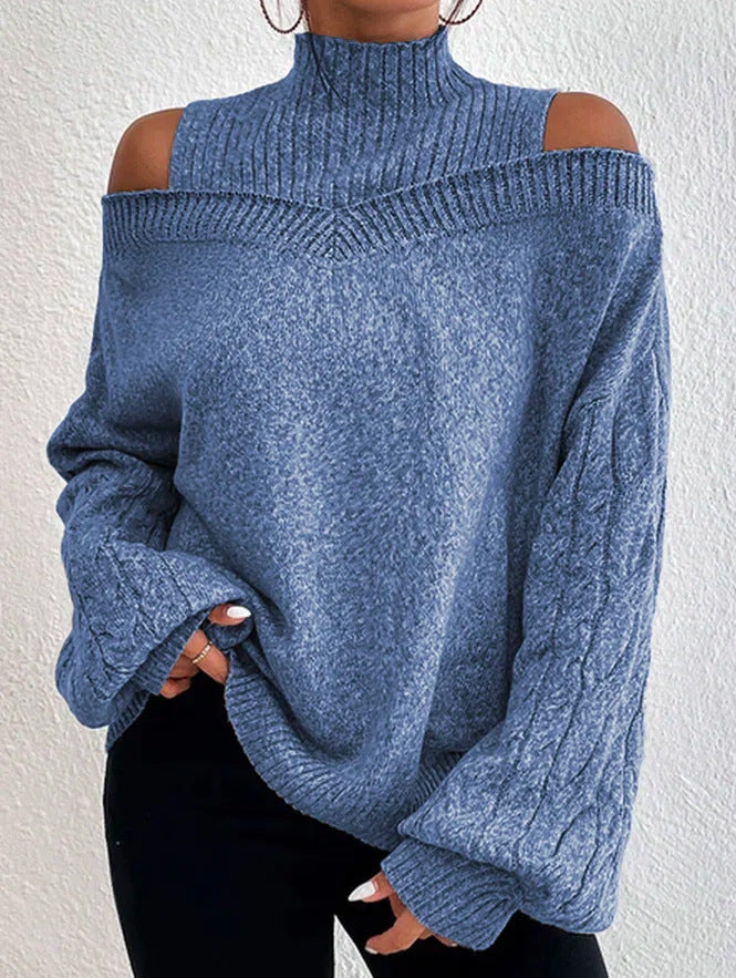 Off-the-shoulder Sweater Women's Pullover Half Turtleneck Autumn And Winter New Lantern Sleeve Sweater