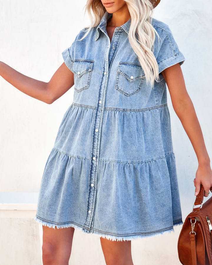 Fashion Loose Denim Shirt Short Sleeve Dress