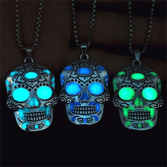 Collier lumineux Halloween avec motif de tête de mort et lotus du Jour des morts, accessoire de mode