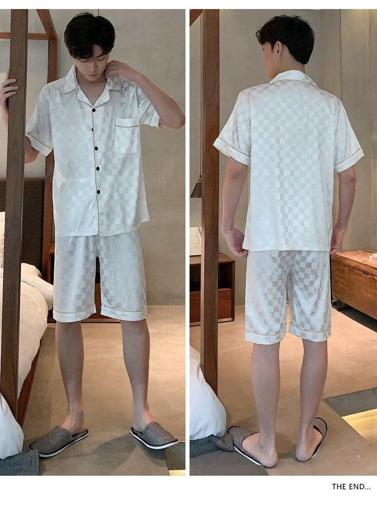 Men's Pajamas Ice Silk Thin Short Sleeve Plus Size Loose Real Silk Jacquard Youth Homewear Suit