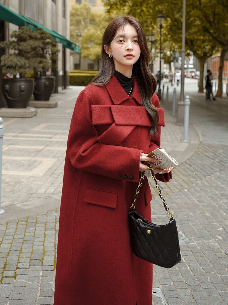 Women's Red Bowknot Woolen Coat