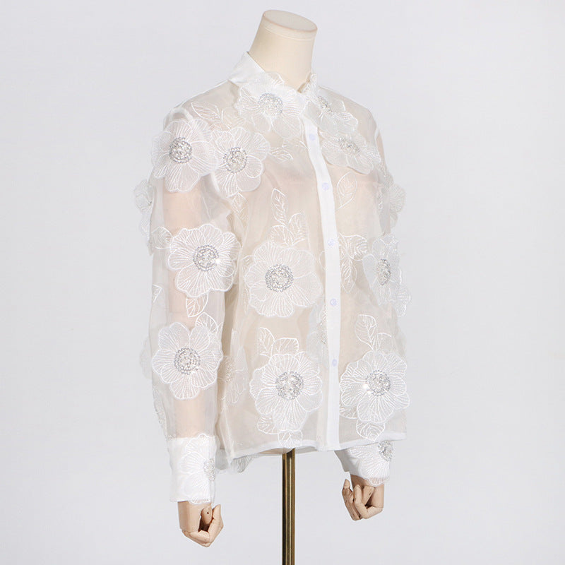 Fashion Polo Collar Heavy Industry Organza Embroidery Three-dimensional Flowers Sequin Stitching Sense Of Design Shirt