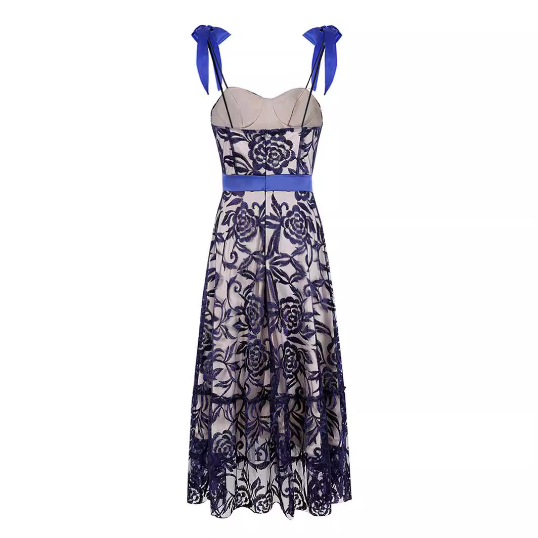 Blue Embroidered Printed Sling Backless Long Dress