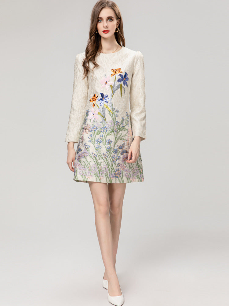 Heavy Embroidery Sequins Fashion Narcissus Jacquard Printed Long Sleeve Short Dress