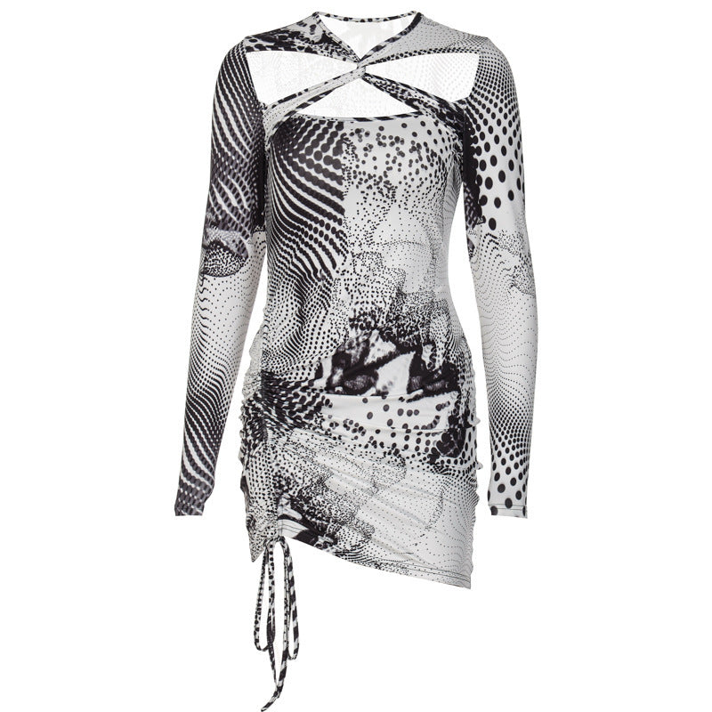 Hollow Drawstring Long Sleeved Printed Dress