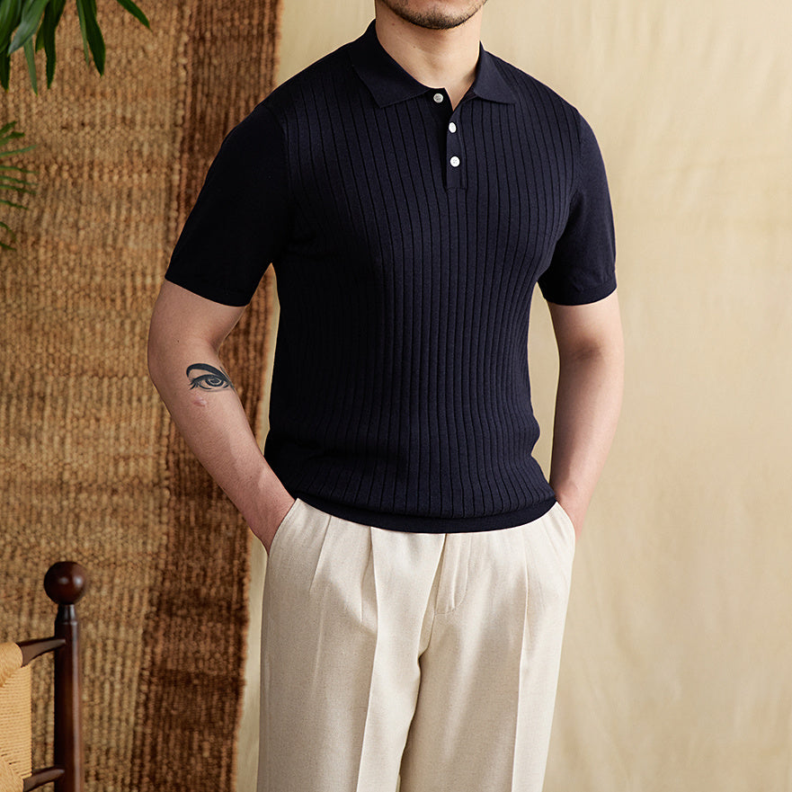 Slim Fit Sunken Stripe Polo Shirt Tencel Cotton Knit Breathable T-shirt