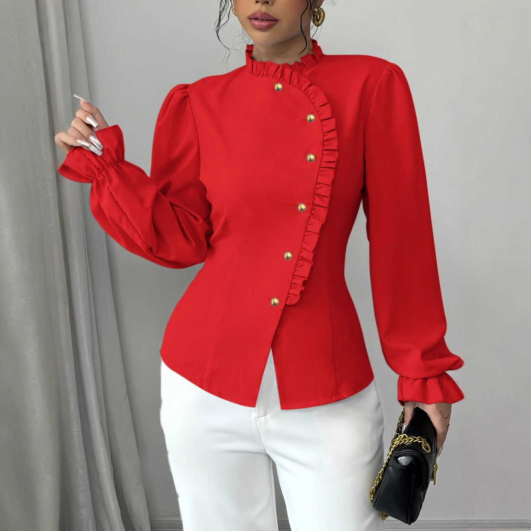 Women's Elegant French Asymmetrical Button-down Collar Ruffle Long Sleeve Blouse