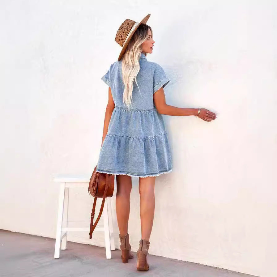 Fashion Loose Denim Shirt Short Sleeve Dress