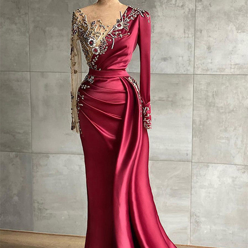 Wine Red Satin Round Neck Slim Dress