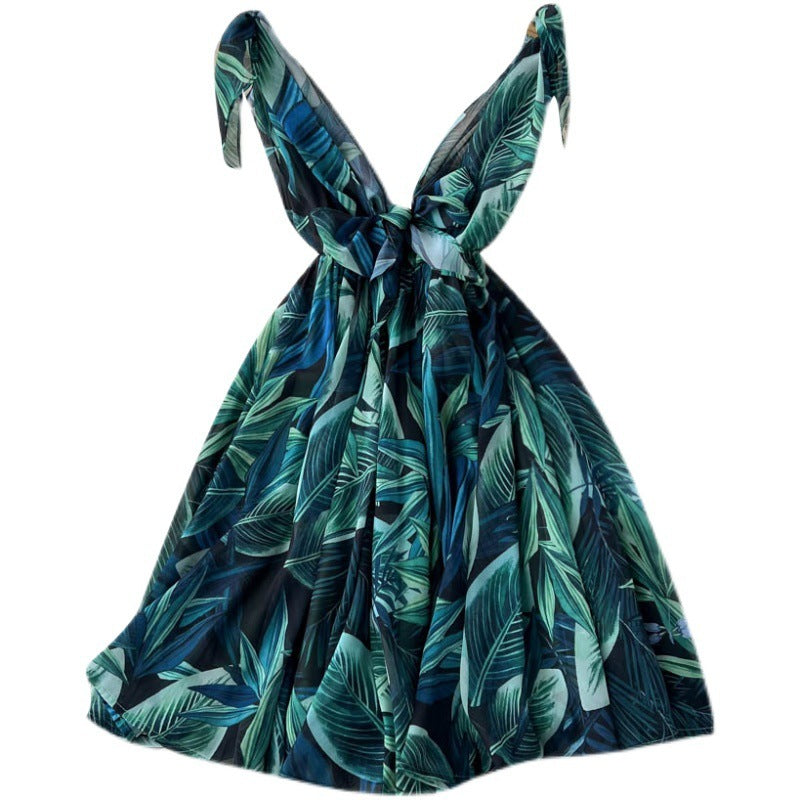 Lace Up Skirt Print Chiffon Beach Dress For Women