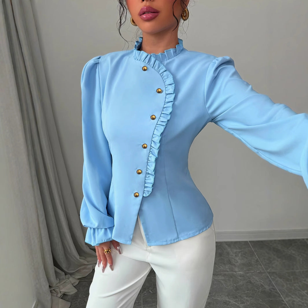 Women's Elegant French Asymmetrical Button-down Collar Ruffle Long Sleeve Blouse