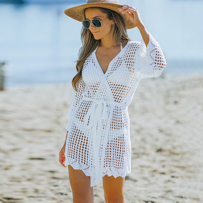 Blusa de playa con lazo recortado de crochet nuevo para mujer