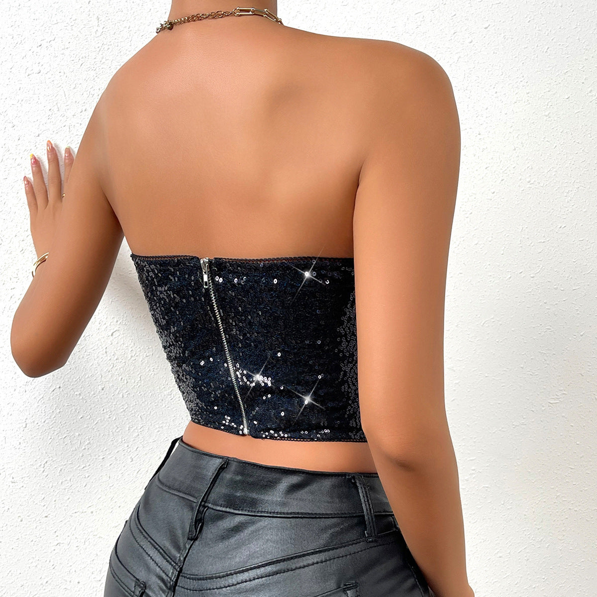 Fashion Sequin Zipper Heavy Industry Tube Top