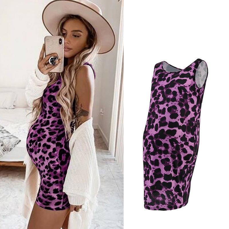 Vestido de leopardo de verano sin mangas para mujeres embarazadas