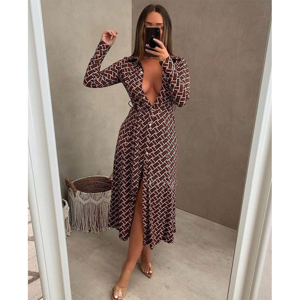 Printed Sexy Lapel Cardigan Dress Containing Belt