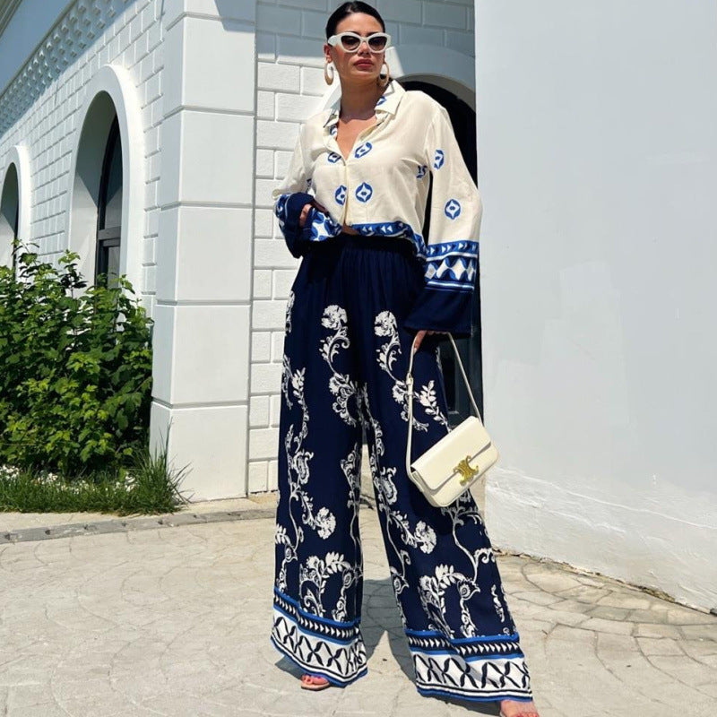 Conjunto de dos piezas de pantalón ancho y manga larga con estampado holgado para mujer