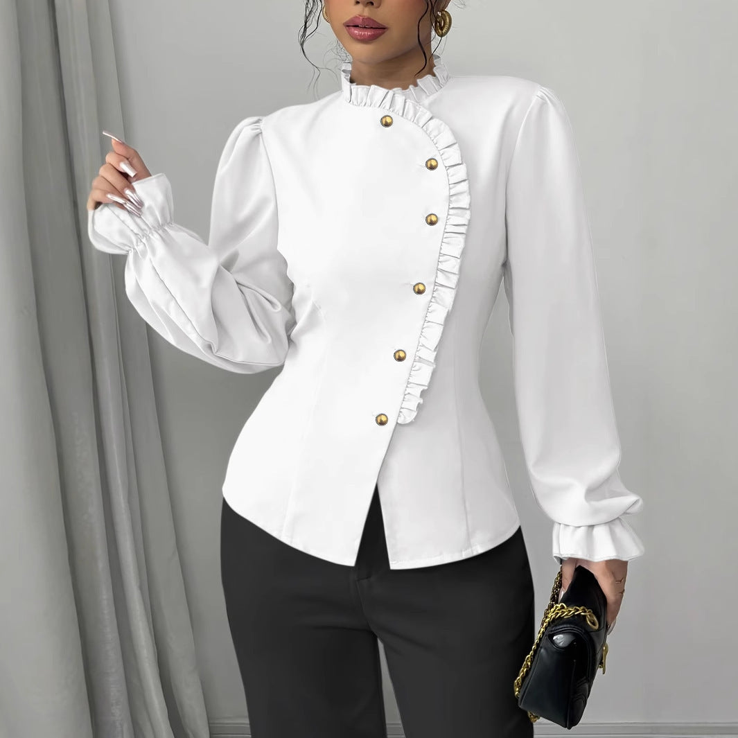 Women's Elegant French Asymmetrical Button-down Collar Ruffle Long Sleeve Blouse