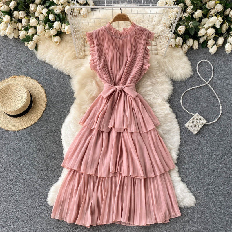 Pleated Wood Ear Collar Lace-up Thin Ruffle Dress