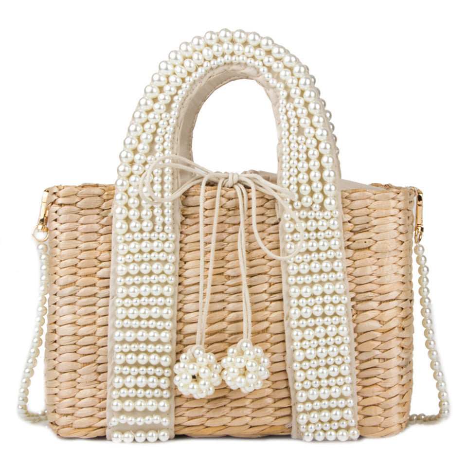 Diagonal Hand Pearl Straw Woven Bag