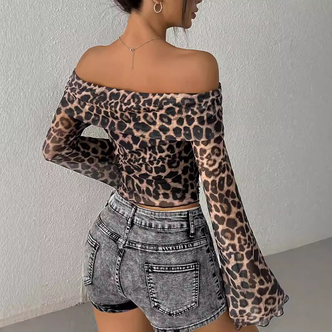 Off-shoulder Long Sleeve Leopard Print Top