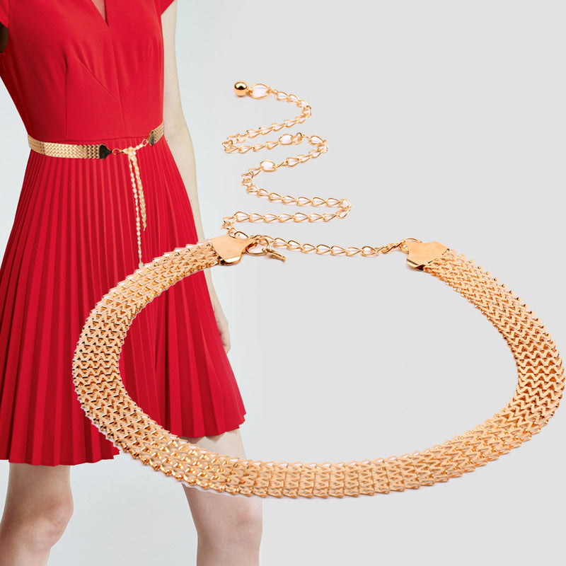 Metal Wave Pattern Woven Belt Women's Waist Chain Simple Dress Belt