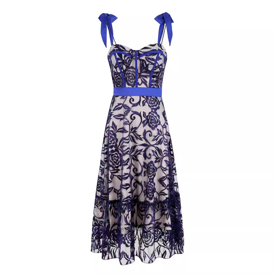 Blue Embroidered Printed Sling Backless Long Dress