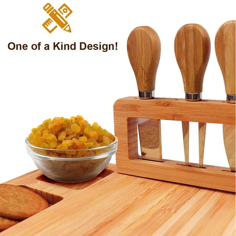 Bamboo Cheese Board and Knife Set 14X11 inch - Wood Cheese Cutting Board, Serving Tray Platter, Charcuterie Board Set with 4 Cheese Knives