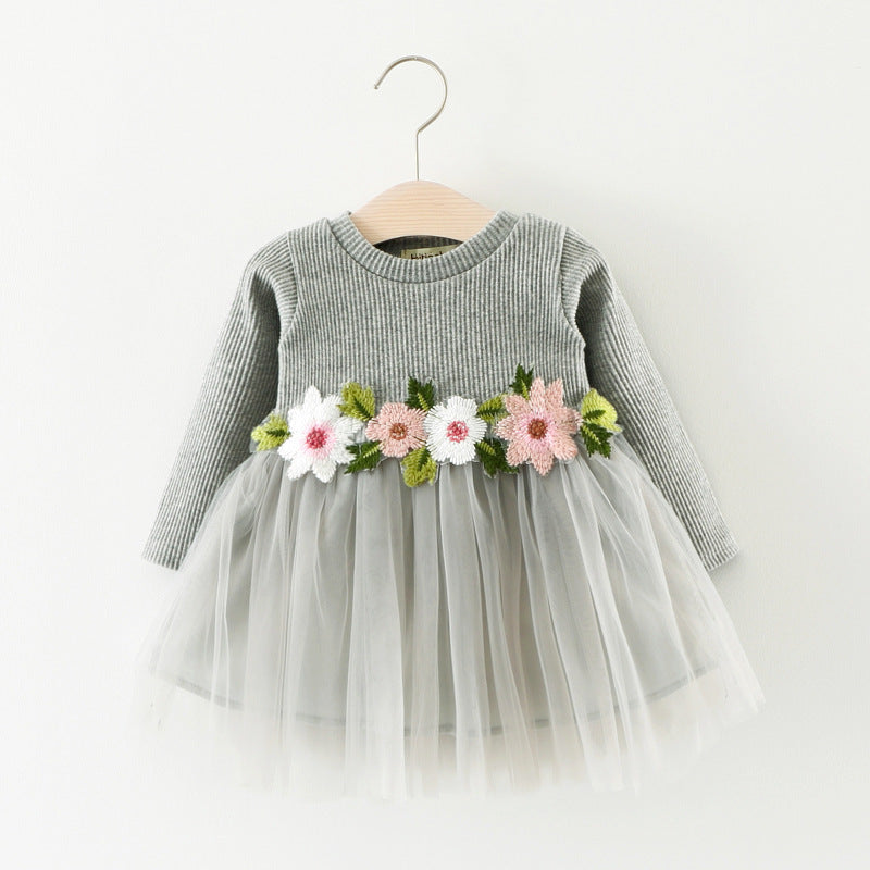 Waist Flowers Long Sleeved Dress Princess Dress Baby Skirt