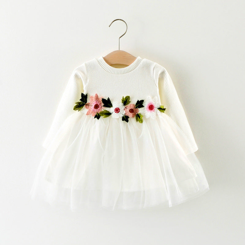 Waist Flowers Long Sleeved Dress Princess Dress Baby Skirt