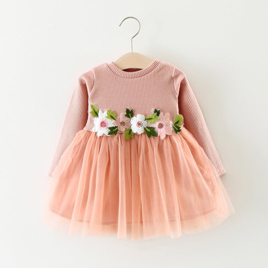 Vestido de princesa con flores en la cintura y manga larga, falda para bebé