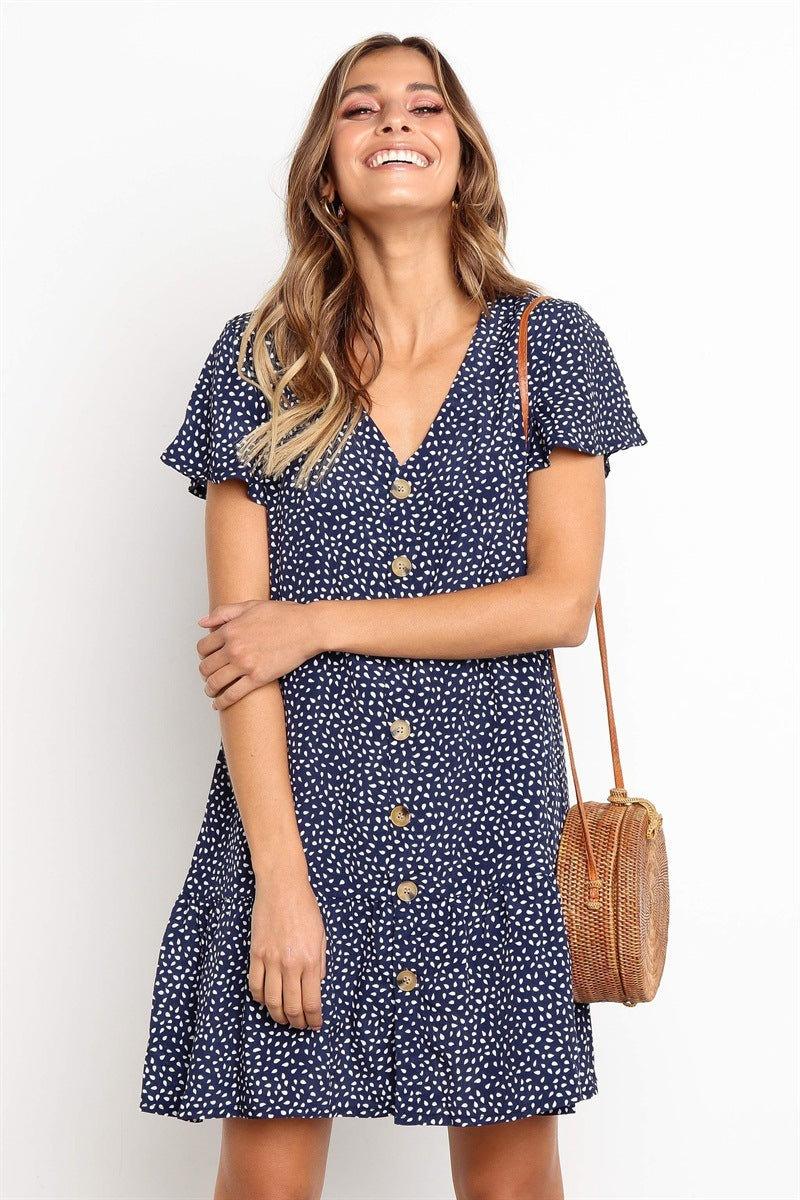 Printed V-neck Button Ruffled Dress