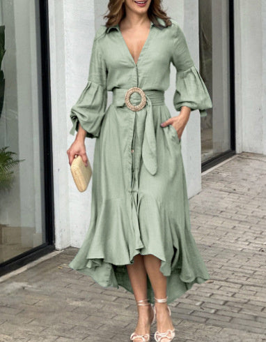 Fashion Casual Green Dress With Full Sleeves