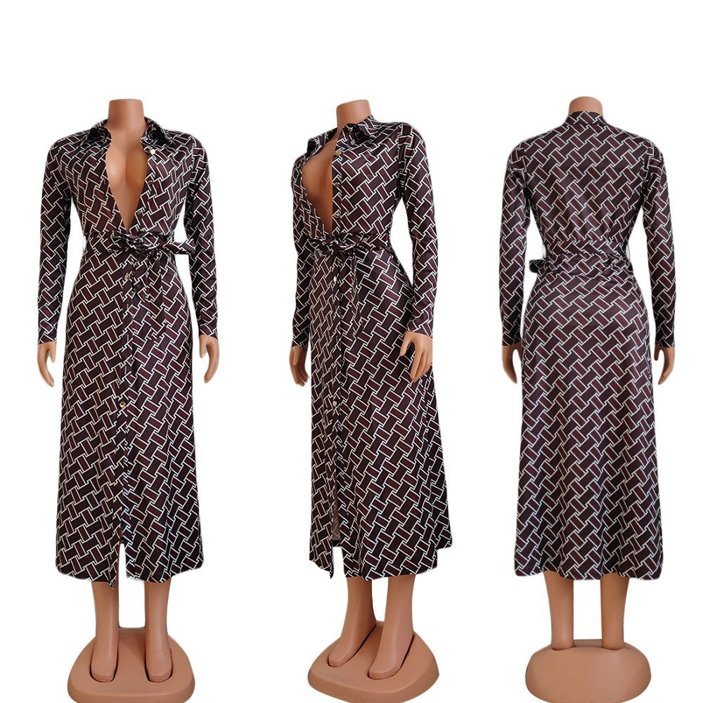 Printed Sexy Lapel Cardigan Dress Containing Belt