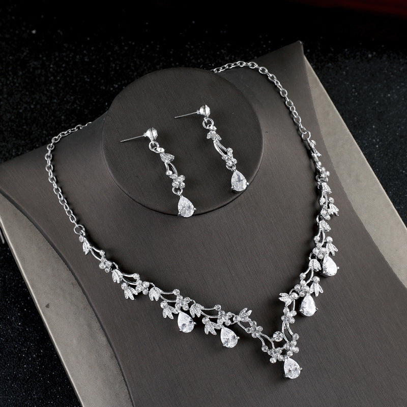 Simple Zircon Necklace Earrings Korean Bride Wedding Necklace set dinner party dress jewelry accessories