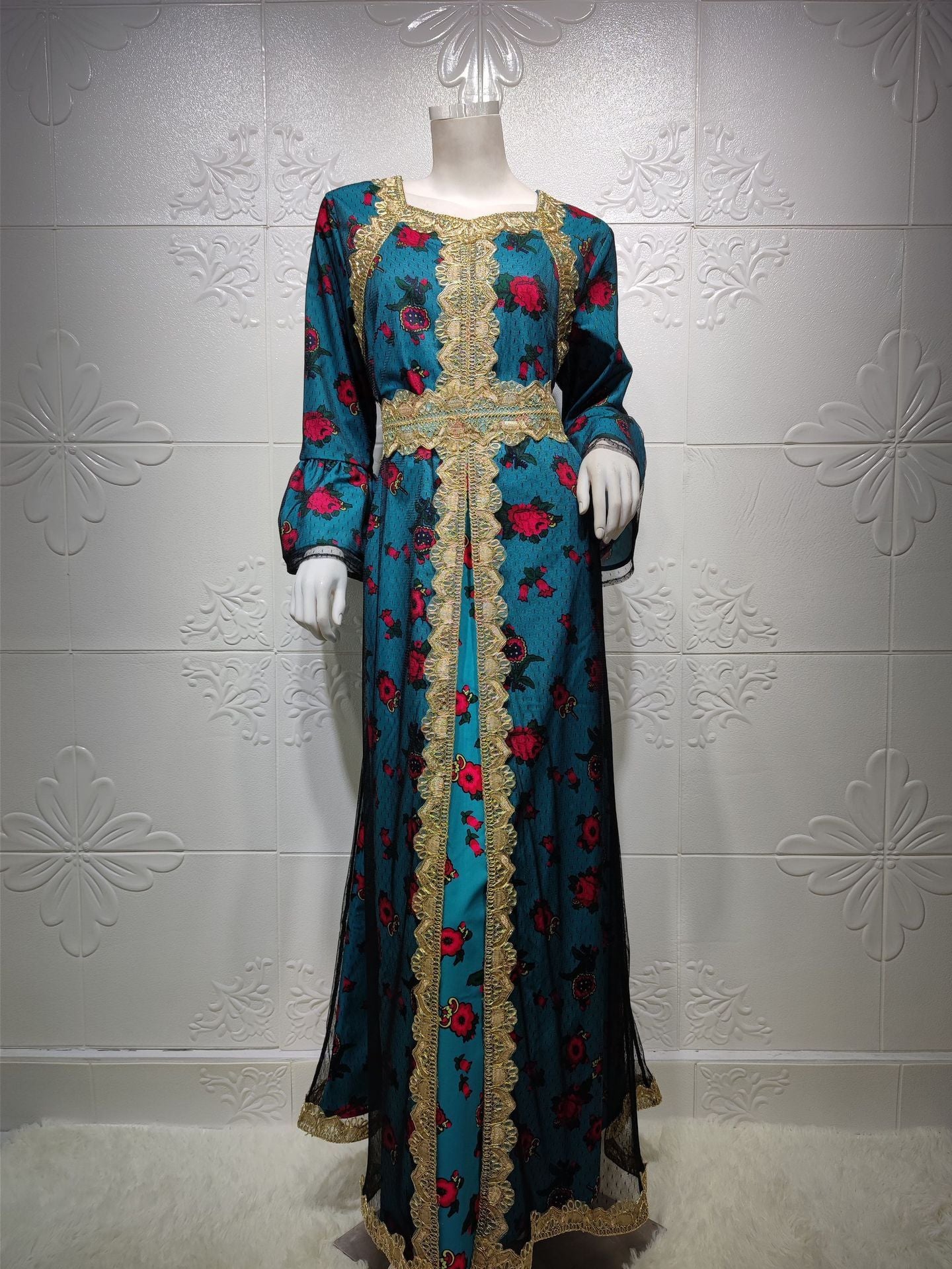 Middle Eastern Ethnic Style Printed Embroidery Lace Mesh Dress Dubai