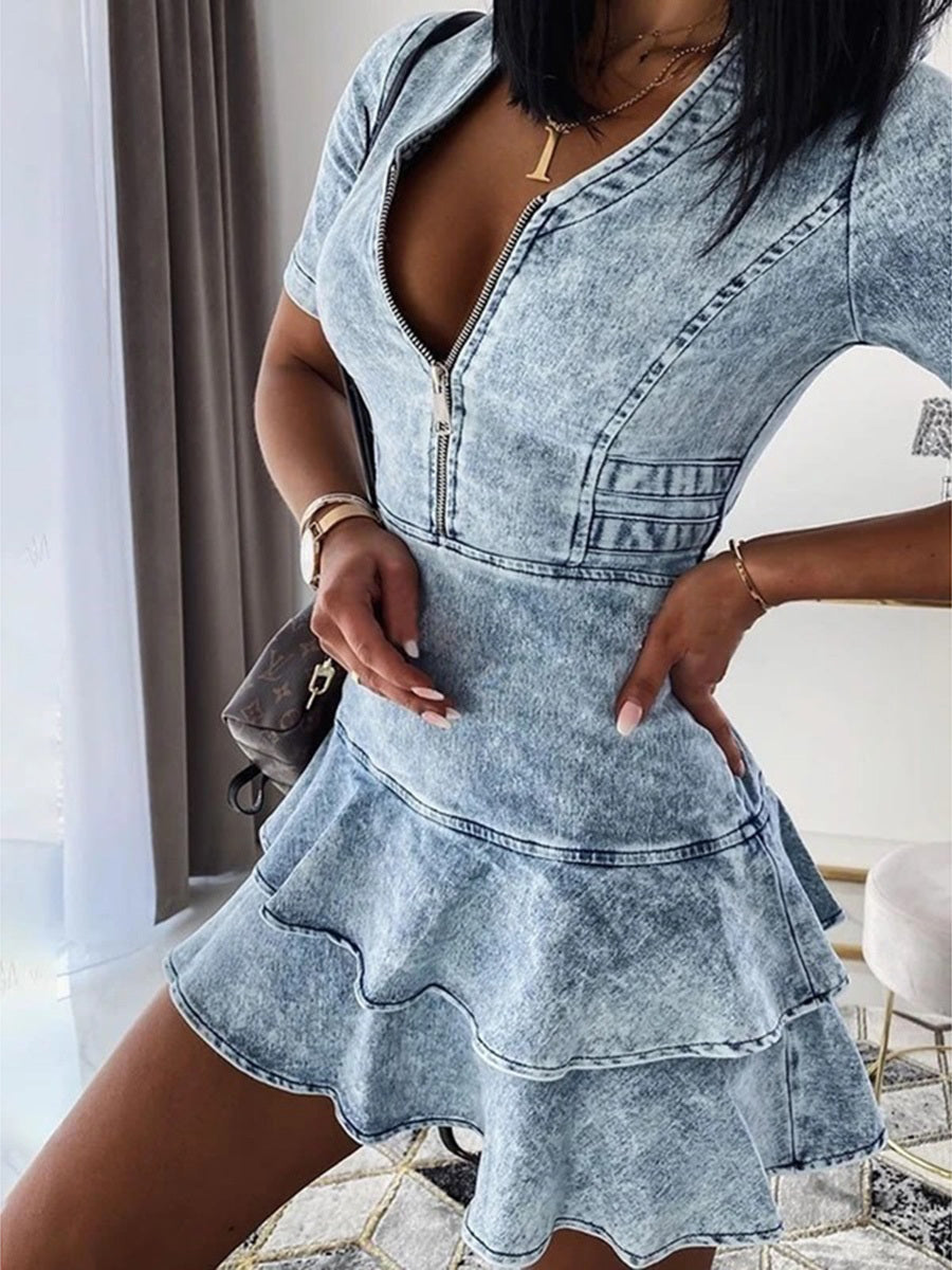 Short sleeve V-neck denim dress