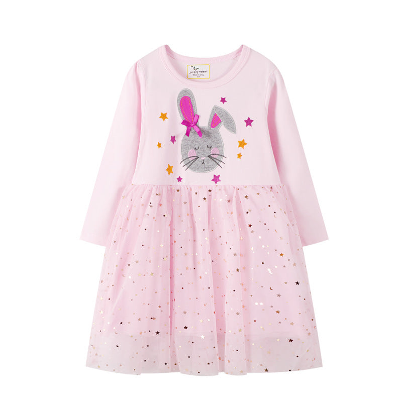 Vestido de princesa bordado de manga larga para niñas de malla