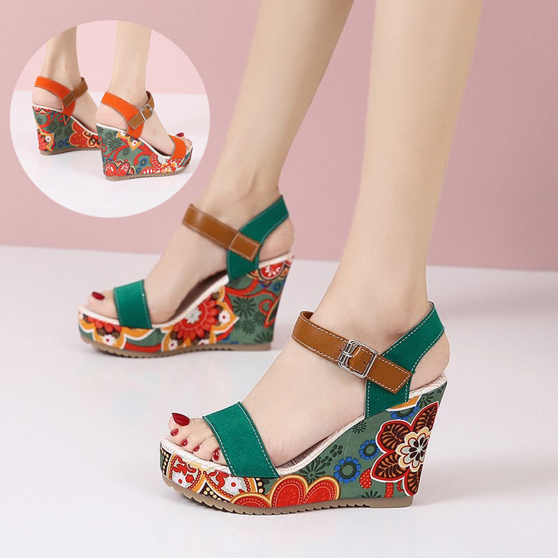 Fashion Flowers Embroidered High Wedge Platform Buckle Shoes