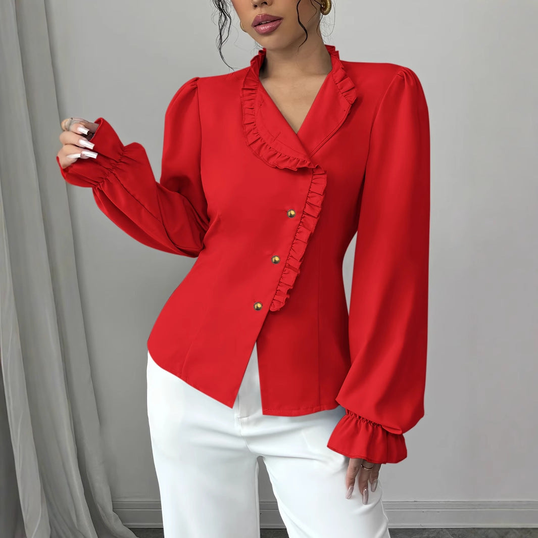 Women's Elegant French Asymmetrical Button-down Collar Ruffle Long Sleeve Blouse