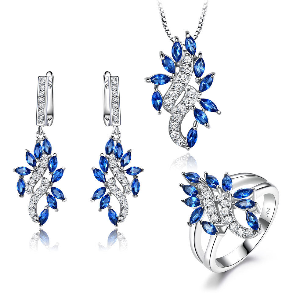 925 Sterling Silver Sapphire Leaf Set With Diamond Pendant Earrings Ring 3 Piece Set