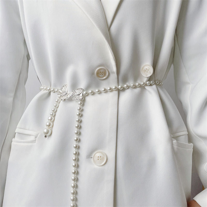 Pearl Waist Chain Femininity 100 Match Shirt Suit Dress Son Thin Waist Seal Retro Perforation-free Belt