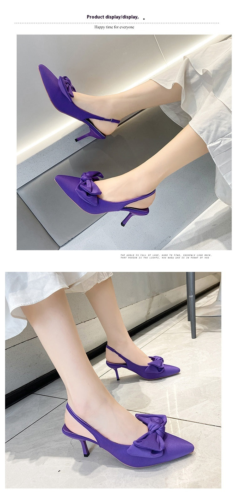 Pointed Thin Heeled High Heeled Single Shoe With An Empty Toe Bow At The Back