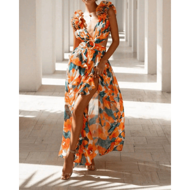 Casual Home Floral Backless Dress Women