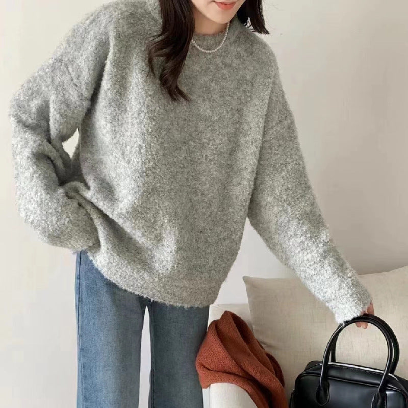 Knitted Pullover Sweater Women's Wide Round Neck Long Sleeve Sweater