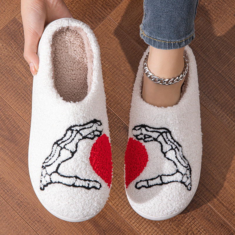 Divertidas pantuflas de Halloween con forma de calavera y mano de amor, antideslizantes, de algodón, con suela suave, para el dormitorio, cálidas para el invierno, para mujeres y hombres