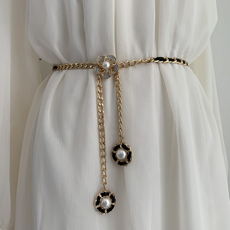 Metal Thin Waist Chain Pearl Inlaid Decorated Sweater Dress