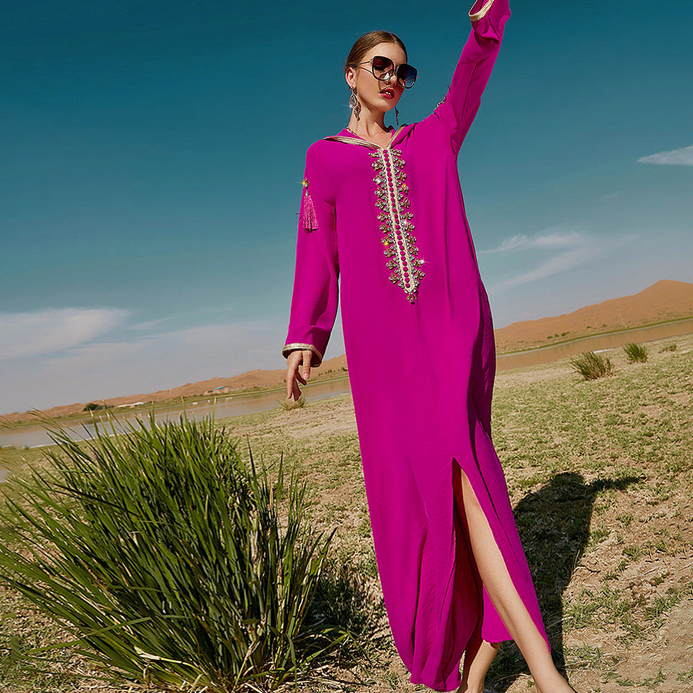 Vestido estilo Dubái marroquí de Oriente Medio con capucha de color rojo rosa para mujer