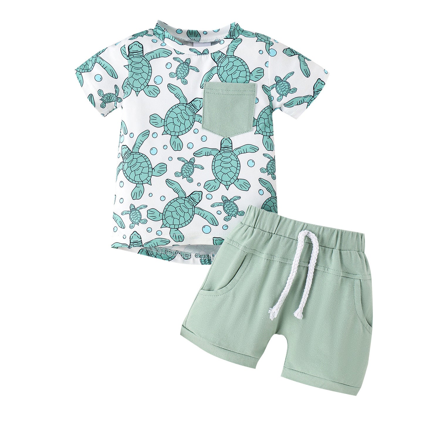 Summer Children's Turtle Shark Print Short Sleeve Suit