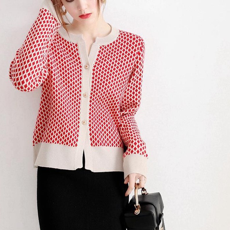 Commuter Loose Small Plaid Knitted Cardigan Coat For Women